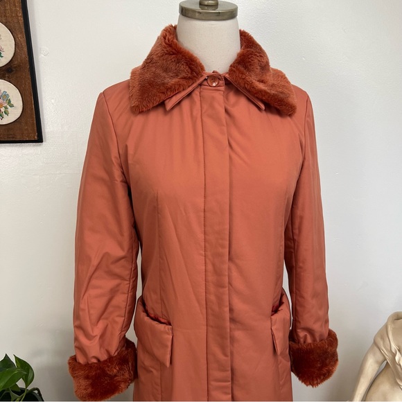 1960s Vintage Burnt Orange Long Mid Weight Coat With Faux Fur Collar - Picture 3 of 10